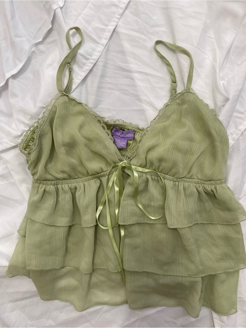 Light Green Tiered Camisole with Lace Trim